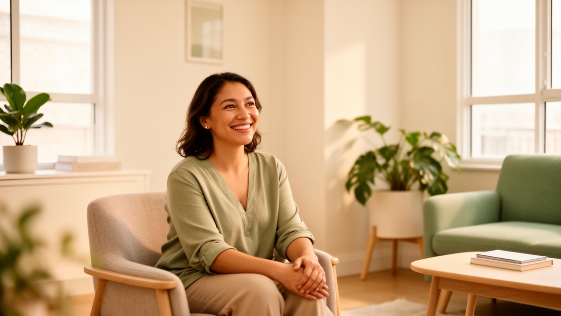 A warm, hopeful moment in a bright therapy office — welcoming new patients to begin their care journey