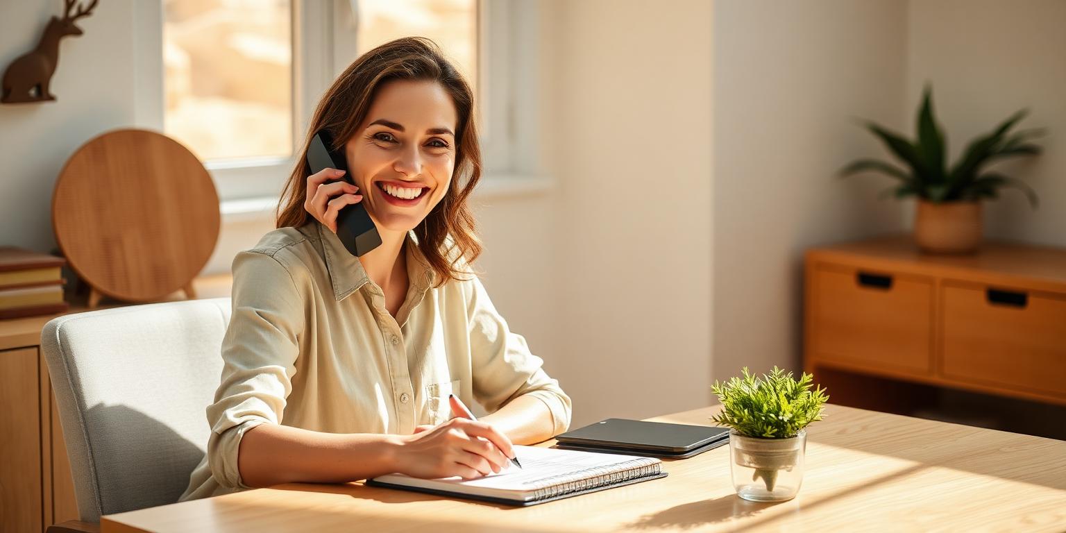 Sunlit office desk with phone, notebook, and small plant