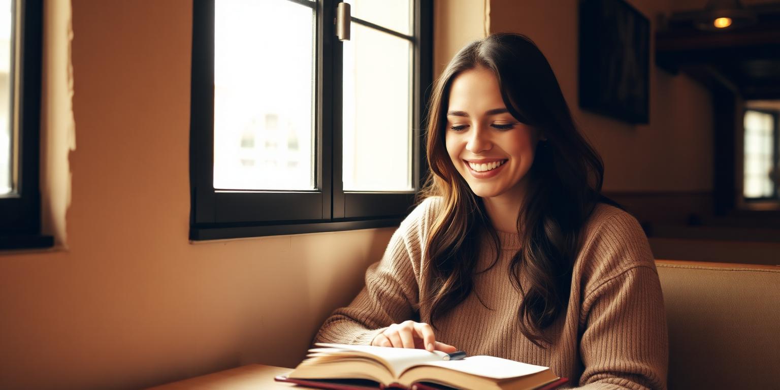 Open notebook and warm mug by a sunlit window