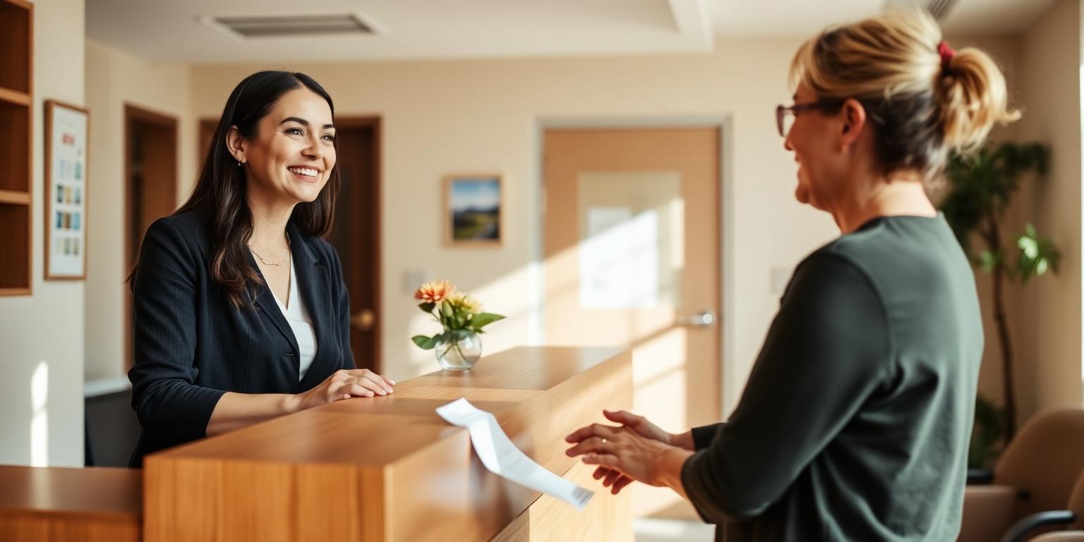 Welcoming psychiatry reception with warm wood desk and natural light