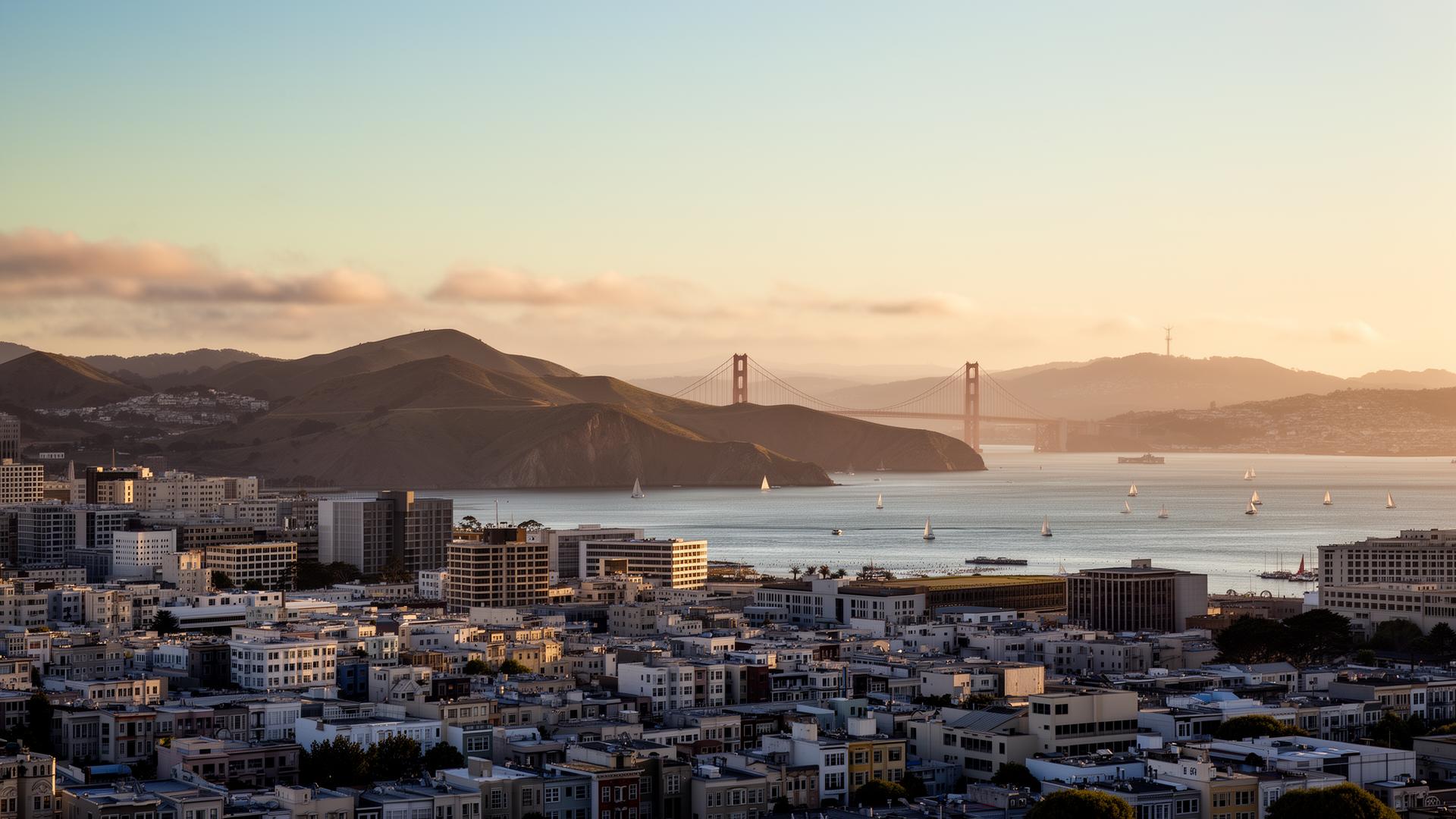 San Francisco Bay at golden hour with the Golden Gate Bridge and city skyline