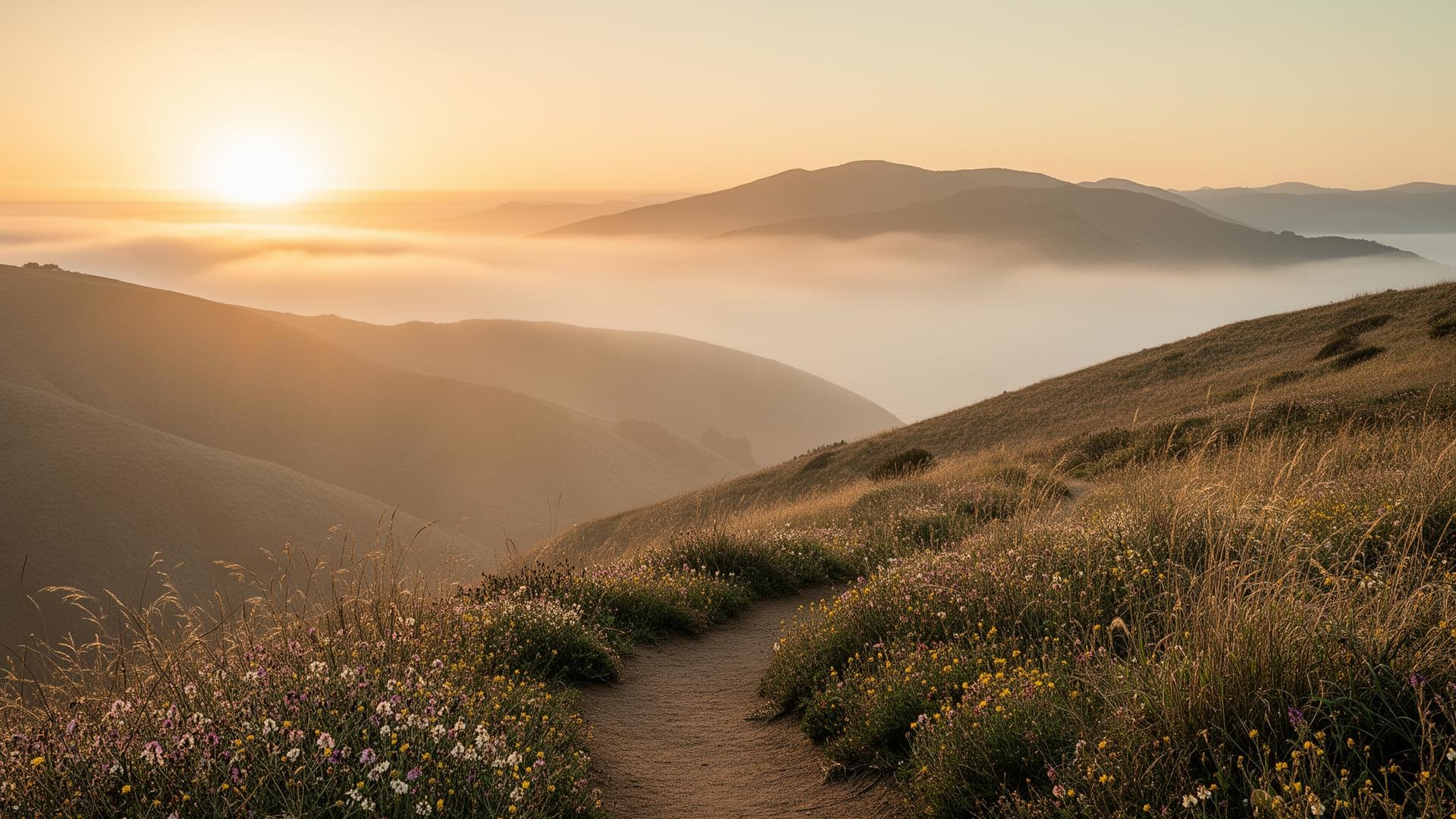 A winding path through wildflowers at sunrise over the Marin headlands