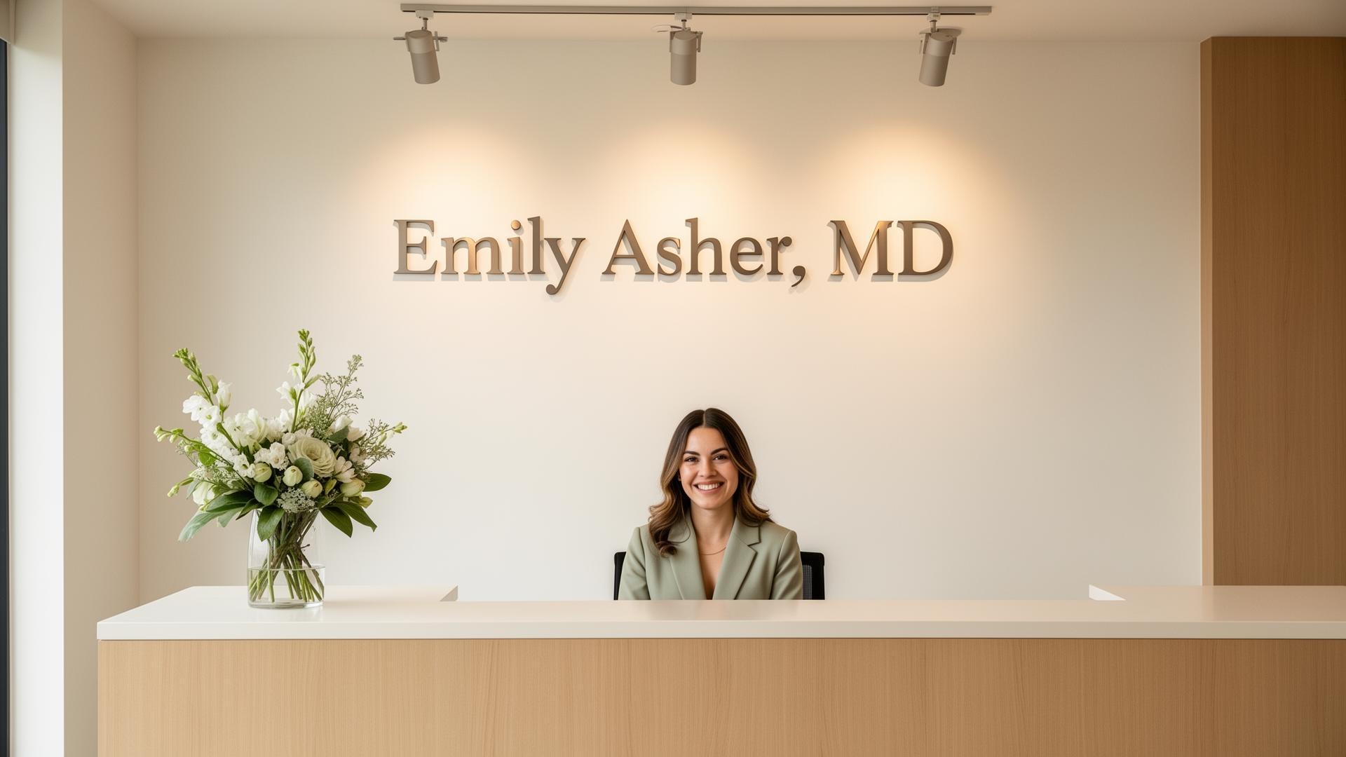 Welcoming front reception of Emily Asher, MD — warm track-lit signage and a friendly receptionist